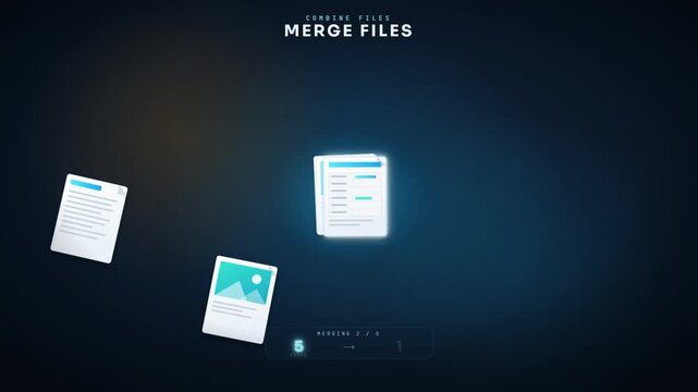 Merge files animation combining multiple documents into one single file with completion check