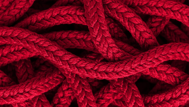 Close-up view of a tangled heap of thick, braided red rope, showing the intricate woven texture and deep crimson fibers of the cordage