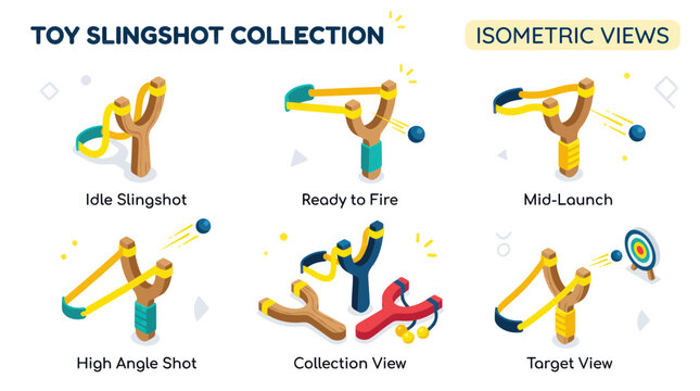 Isometric Toy Slingshot Collection - Various Actions and Views