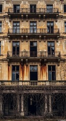 Obraz premium Facade of an abandoned historic building with balconies and weathering.