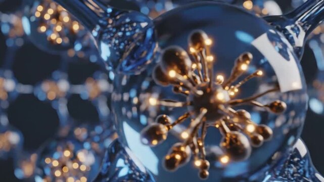 Molecular structure with glowing golden cores and blue glass spheres representing nanotechnology or scientific research