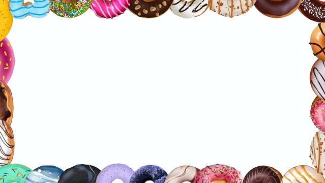 Colorful donut border frame on white background