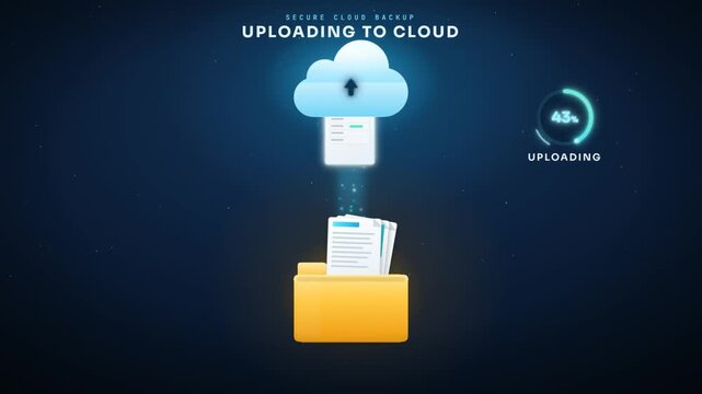 Secure cloud backup uploading files animation with folder and circular progress sync ring