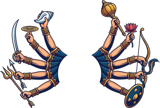 Multi armed hands of hindu goddess durga holding divine weapons with mythology religion spirituality illustration tradition protection strength cultural ornament