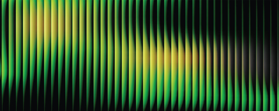 Abstract black and green background with 3D vertical curtain stripes and yellow glowing light spots. Modern futuristic vector graphic design template
