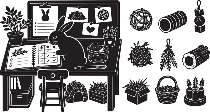 Rabbit care icons, pet bunny supplies, black vector set