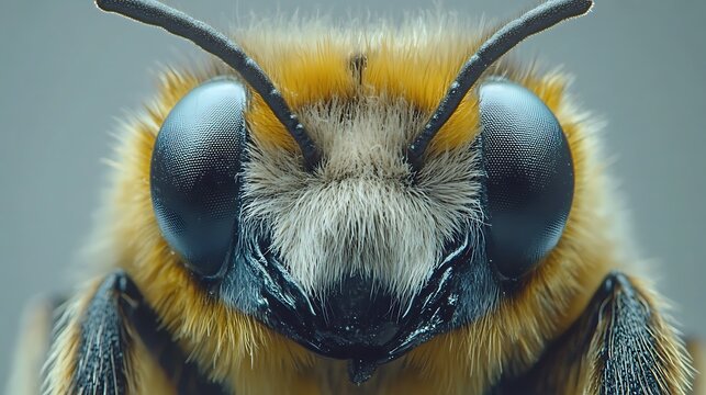 Macro closeup of bee face with big eyes with detailed insect portrait, nature, and wildlife.