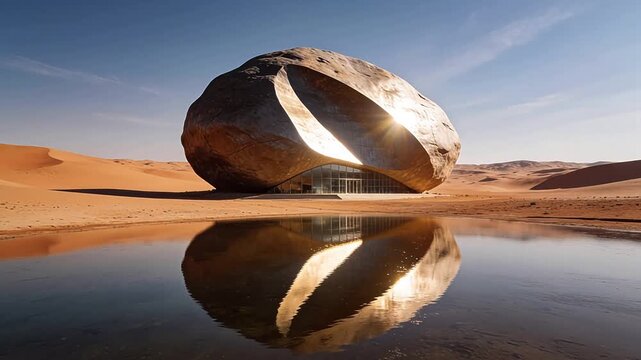 Iconic desert building with unique stone design reflected in water