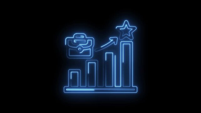 Neon blue briefcase on rising bar graph with arrow pointing to star icon symbolizing business