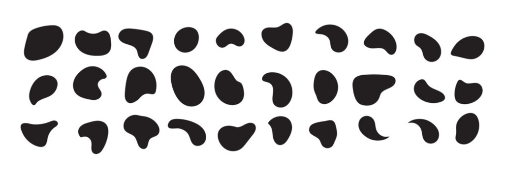 Set of abstract organic black liquid blobs and fluid splash shapes with rounded edges and floating droplets isolated on white background for modern graphic design. Organic shape round form Liquid blob