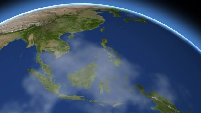 Planet earth rotating in space view of Asia Pacific continents oceans and blue atmosphere
