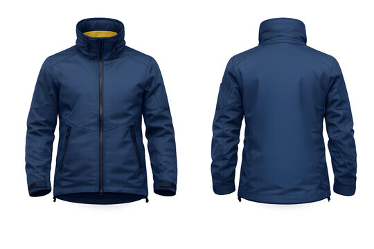 Women's Navy Blue Zip-Up Hooded Jacket with Contrast Yellow Trim and Side Zippers