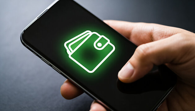 smartphone with digital wallet icon, mobile payment, online banking, e-wallet app, financial technology, contactless pay, secure transaction, cash, finance, money transfer