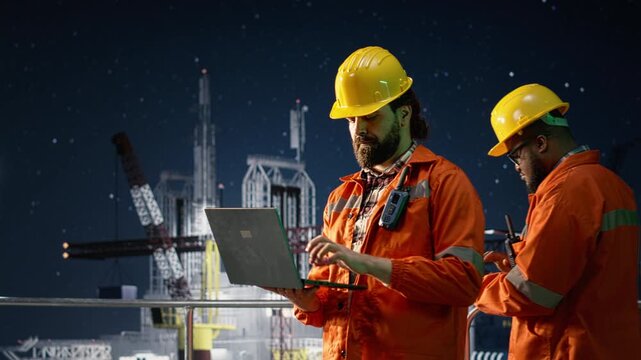 Portrait of smiling offshore platform engineer managing resources during oil crisis using laptop while happy worker reviews extraction metrics during blockade affecting operations.