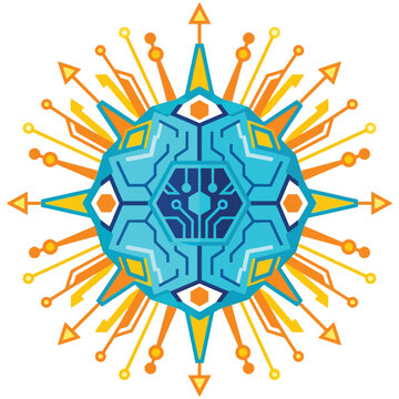 Abstract digital cybernetic core symbol with circuitry pattern, cybernetic