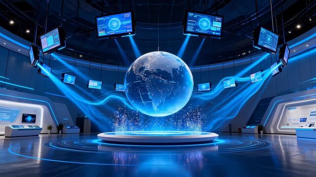 Futuristic technology exhibition hall with transparent globe and holographic screens