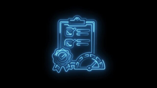 Quality Assurance Checklist Performance Meter Award Badge Neon Glow Icon Animation Representing