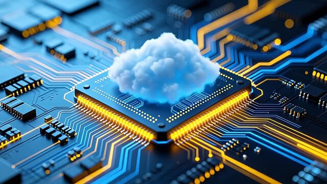 Circuit board with white cloud chip and colorful electronic pathways