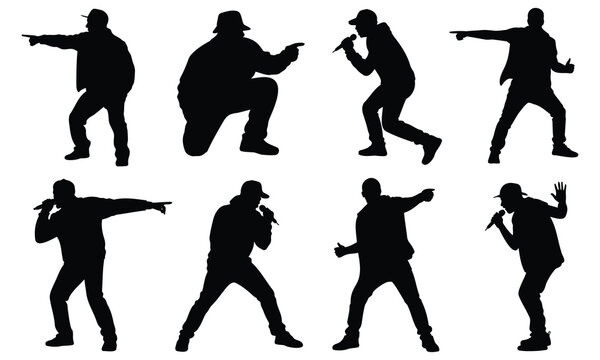 Set of hip hop singer and rapper silhouettes performing with microphones