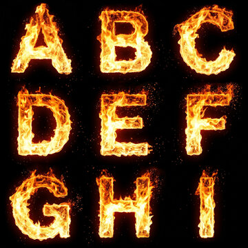 3D rendered alphabet letters A to I with bright fire texture