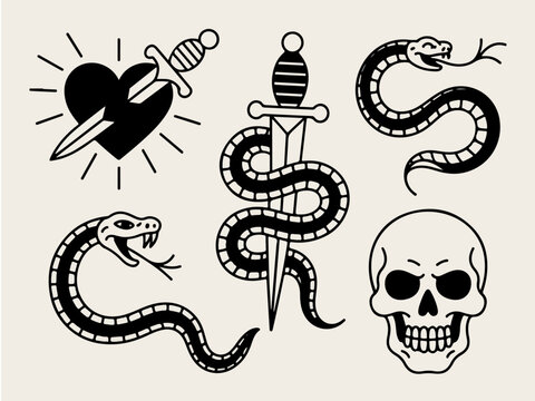 Collection of traditional tattoo flash art featuring snakes a dagger a heart with a knife and a skull isolated on a light background