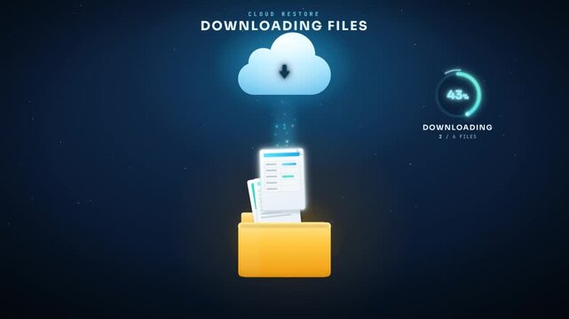 Cloud restore downloading files animation with folder filling and circular progress ring