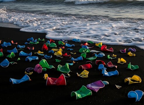 Polluted beach with many colorful crushed plastic cups scattered on dark sand near the ocean waves