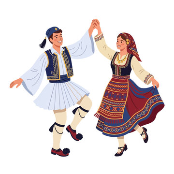 Couple in Traditional Greek Folk Costumes Dancing