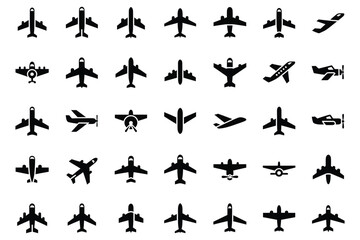 Fototapeta premium Set of airplane vector icons various passenger aircraft and plane symbols isolated on transparent background.