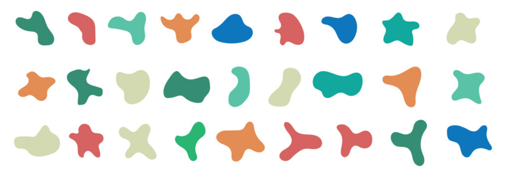 Set of white abstract organic shapes and fluid blobs isolated on a black background. Minimalist liquid silhouettes and flat vector design elements, perfect for modern logos, creative collages, and sty
