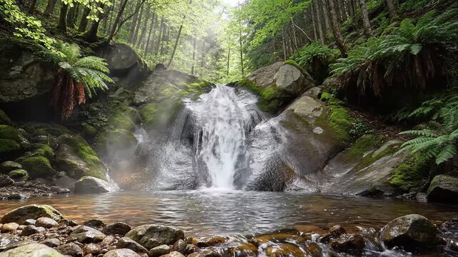 Cascading waterfall flowing into clear pool surrounded by lush green ferns and moss covered rocks
