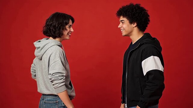 Two young men fist bumping in front of a red wall