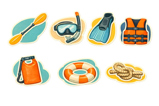 illustrated collection of water sports and safety equipment including paddle, snorkel gear, flippers, life vest, dry bag, life ring, and rope