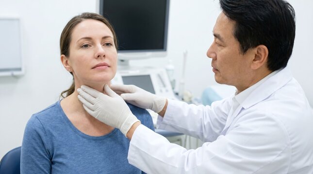 Asian doctor performing a neck and thyroid exam on a female patient in a hospital room.