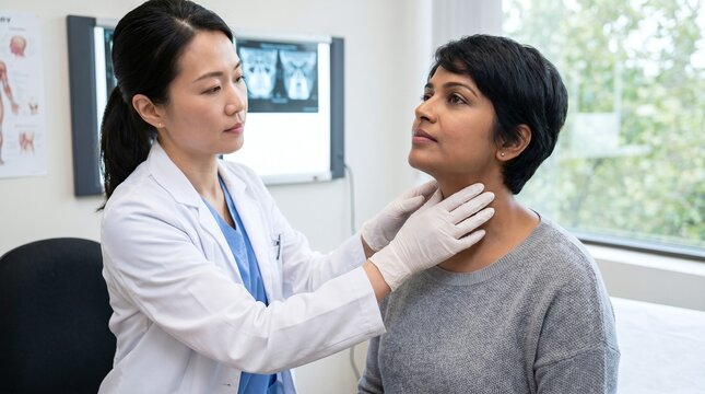 Asian female doctor examining a diverse woman's neck and thyroid during a medical consultation.