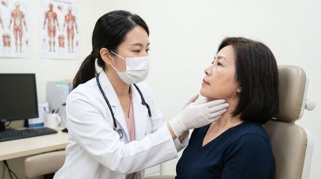 Asian female physician palpating a diverse patient's neck for thyroid abnormalities in a medical clinic.