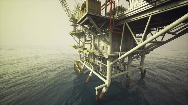 Supply transfer gantry over choppy water, cargo offload points and yellow guide rails in frame, winch and hook details, operational logistics and weather