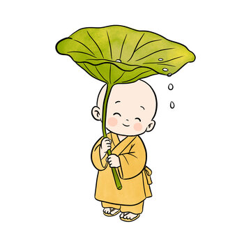 Cute little Buddhist monk holding a large green lotus leaf as umbrella in the rain
