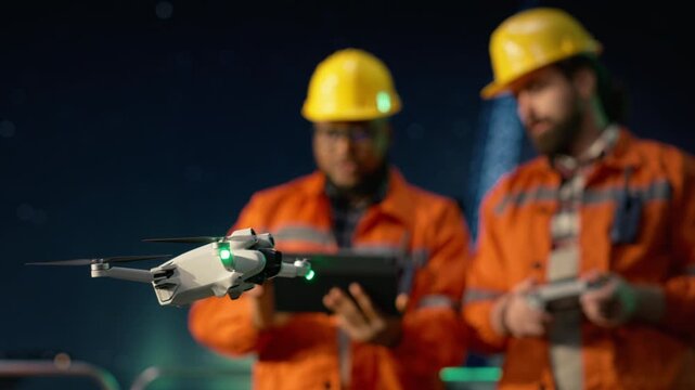 Dodging transit blockade, drone close up and men on offshore platform doing site inspection while determining optimal pipelines locations, oil crisis and drilling rig workers use UAV.