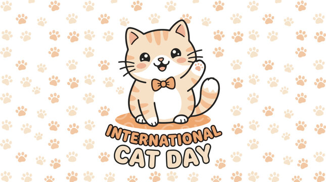 Cartoon cat with raised paw on a background of paw prints vector illustration