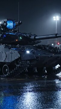 Nighttime Scene Featuring a Heavy Military Tank with Enhanced Lighting and Tactical Features on a Wet Surface, Highlighting Its Engineering and Power