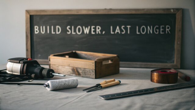 Tools and Materials on Table with a Motivational Quote for Craftsmanship Inspiration in a Minimalist Workspace