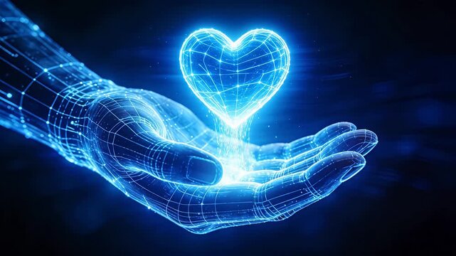 Blue digital wireframe hand holding glowing blue grid heart with light falling on palm over dark background