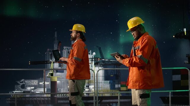 Struggling with oil crisis logistics, tablet and drilling barge specialist under aurora borealis while blockade slowing down operations, confusion and offshore rig employee, for energy operations.