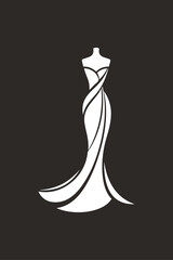 Logotipo de boutique de moda femenina. Dibujo minimalista de un vestido de gala o de boda con falda, en color blanco y fondo oscuro  © teracreonte