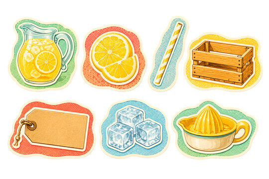 Illustrated flat design elements of lemon juice, ice cubes, wooden crate, lemon slice, tag, lemonade pitcher, and reamer
