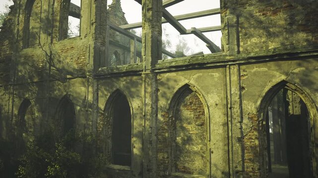 Sunlit abbey nave with open roof and exposed beams, tall arches casting long shadows, creeping vegetation reclaiming structure, dramatic golden highlights