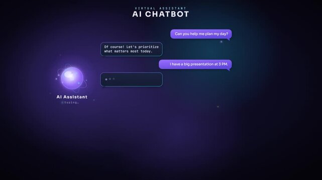AI chatbot virtual assistant conversation animation with glowing orb and chat message bubbles