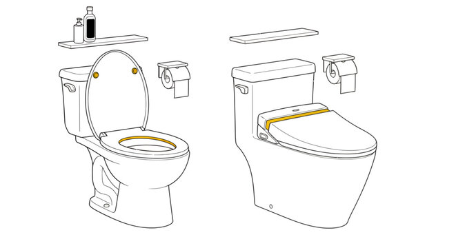Sketch of modern dual toilet designs with components and fixtures for bathrooms and restrooms.