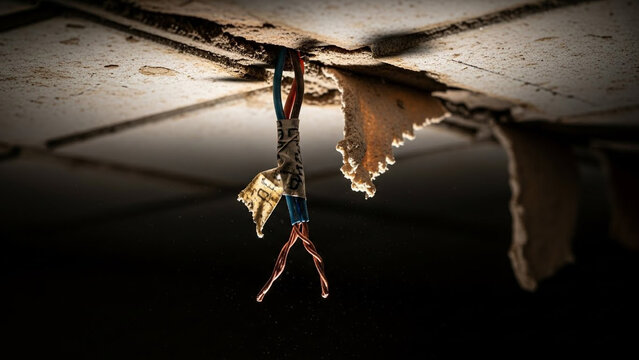 Exposed wiring hanging from damaged ceiling in a dark and abandoned building